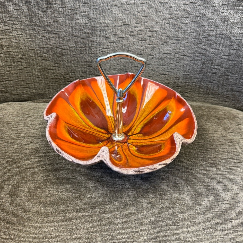 Vintage Sequoia Ware 610 Orange Yellow and Brown Ceramic Nut Bowl with Handle.